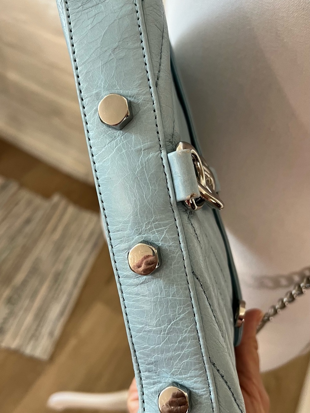 Rebecca Minkoff Light Blue Quilted Leather Mini Mac Crossbody with Silver Chain - Picture 9 of 13
